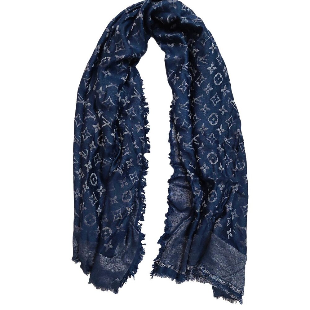 LOUIS VUITTON Vintage Iridescent Midnight Blue Silver Silk Wool Scarf Shawl Wrap - Picture 2 of 10